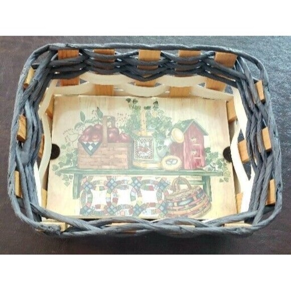 Woven Wooden Basket Tray Wall Hanging Cottagecore Apple Farmhouse Country Garden - Picture 2 of 6